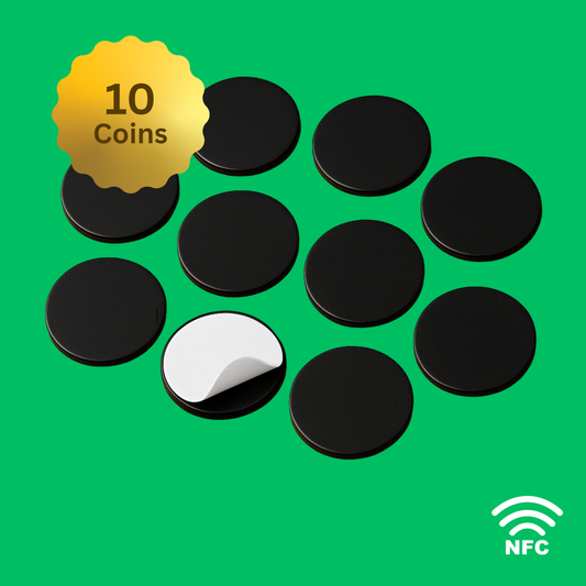 Ten 1" Black Round NFC Coins with Adhesive Back | Preprogrammed for Binly