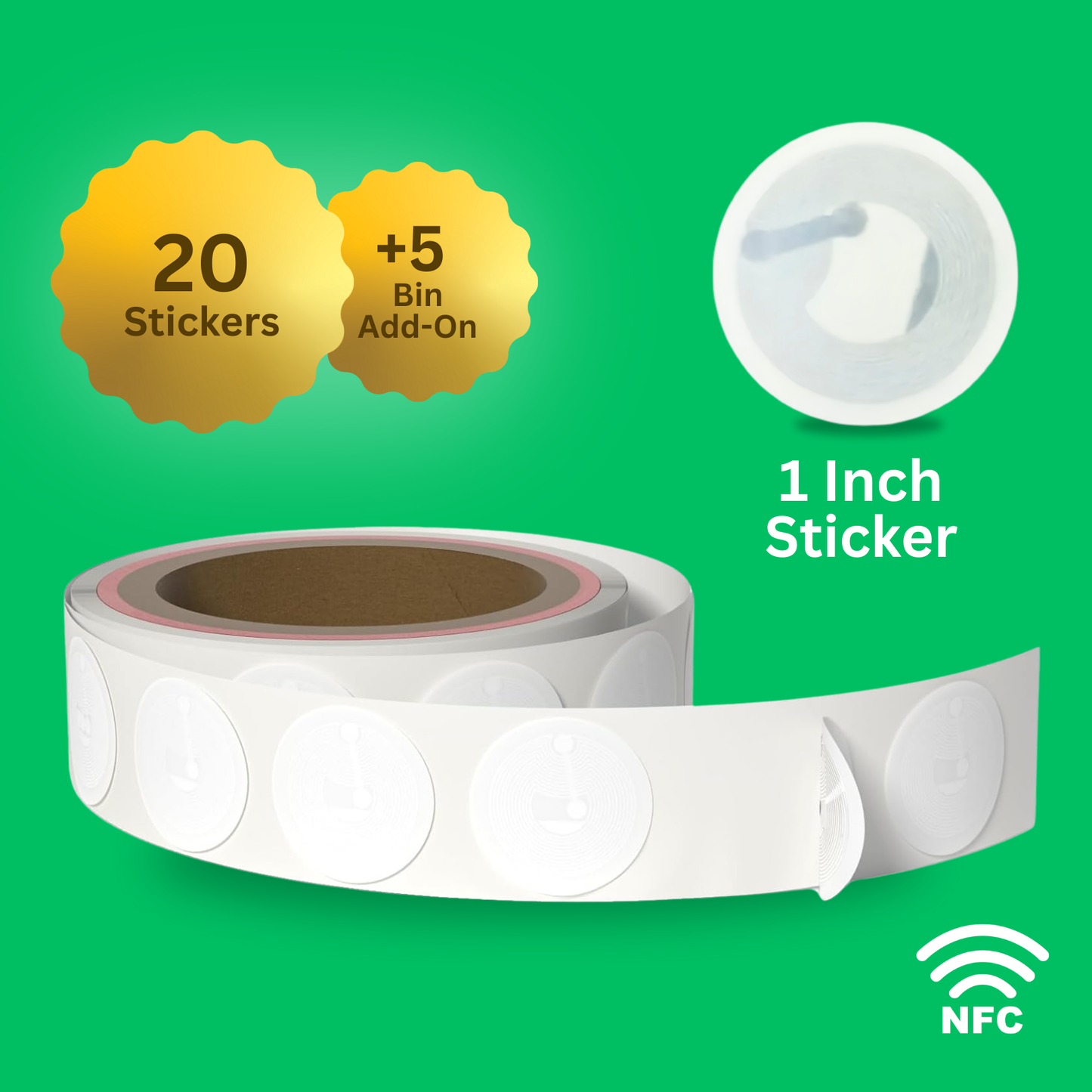 Twenty 1" White Round NFC Sticker Pack + 5 Bin Add-On | Preprogrammed for Binly