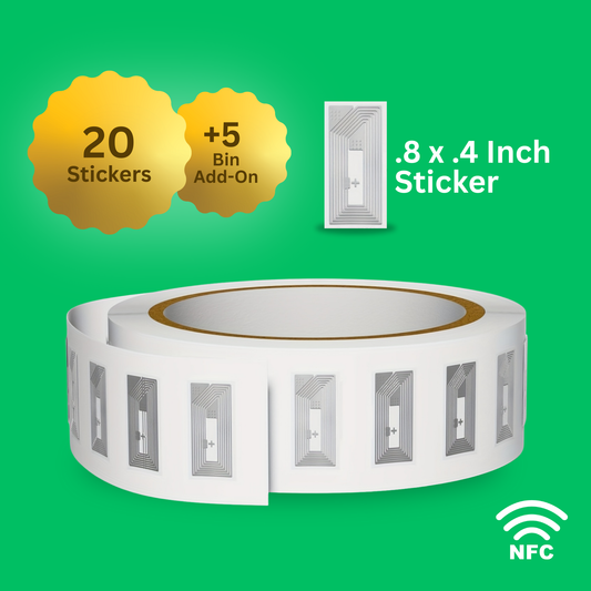 Twenty .8"x.4"  Small Transparent Rectangular NFC Sticker Pack + 5 Bin Add-On | Preprogrammed for Binly