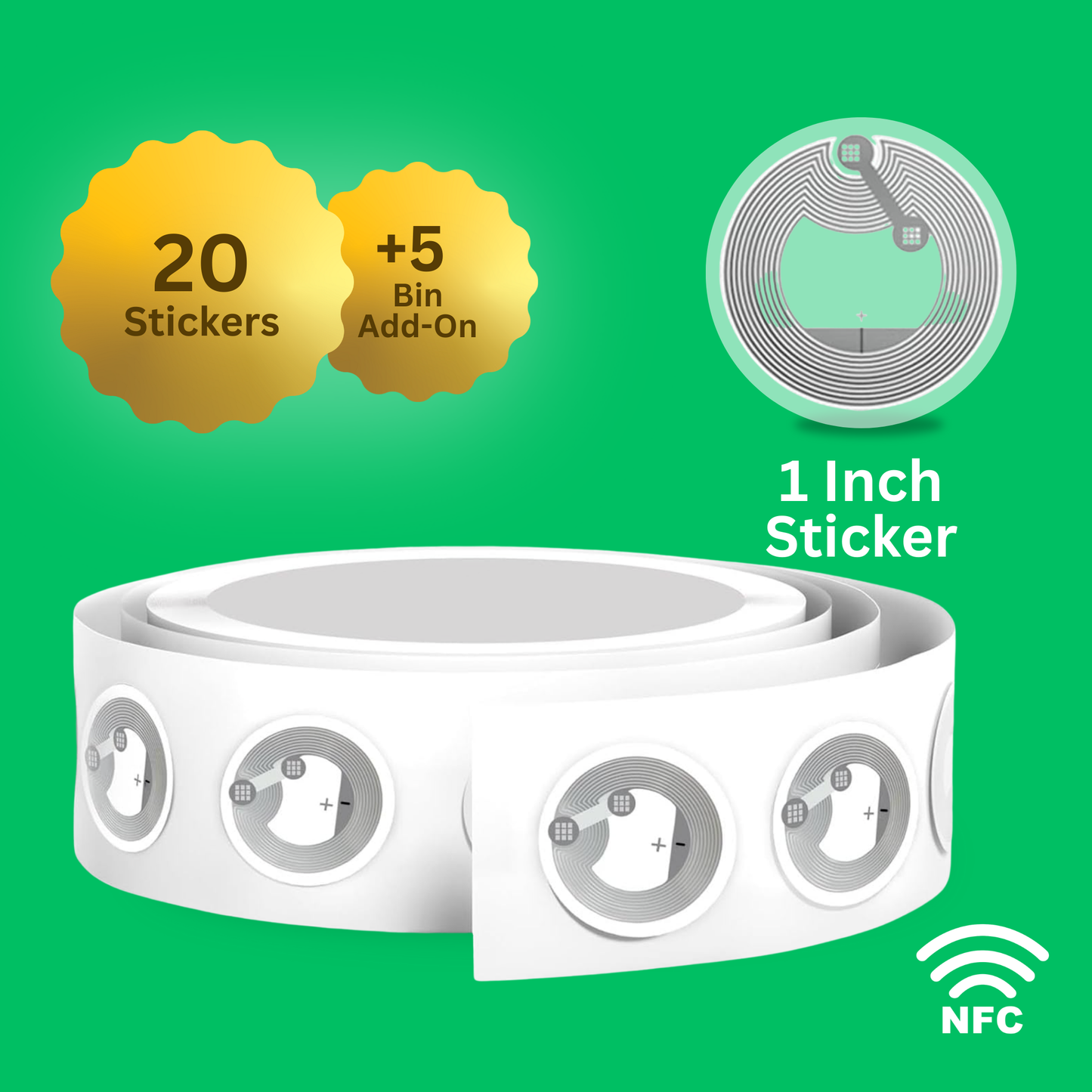 Twenty 1" Transparent Round NFC Sticker Pack + 5 Bin Add-On | Preprogrammed for Binly