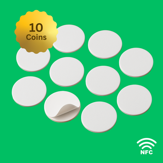 Ten 1" White Round NFC Coins with Adhesive Back | Preprogrammed for Binly