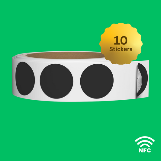 Ten 1" Black Round NFC Stickers | Preprogrammed for Binly